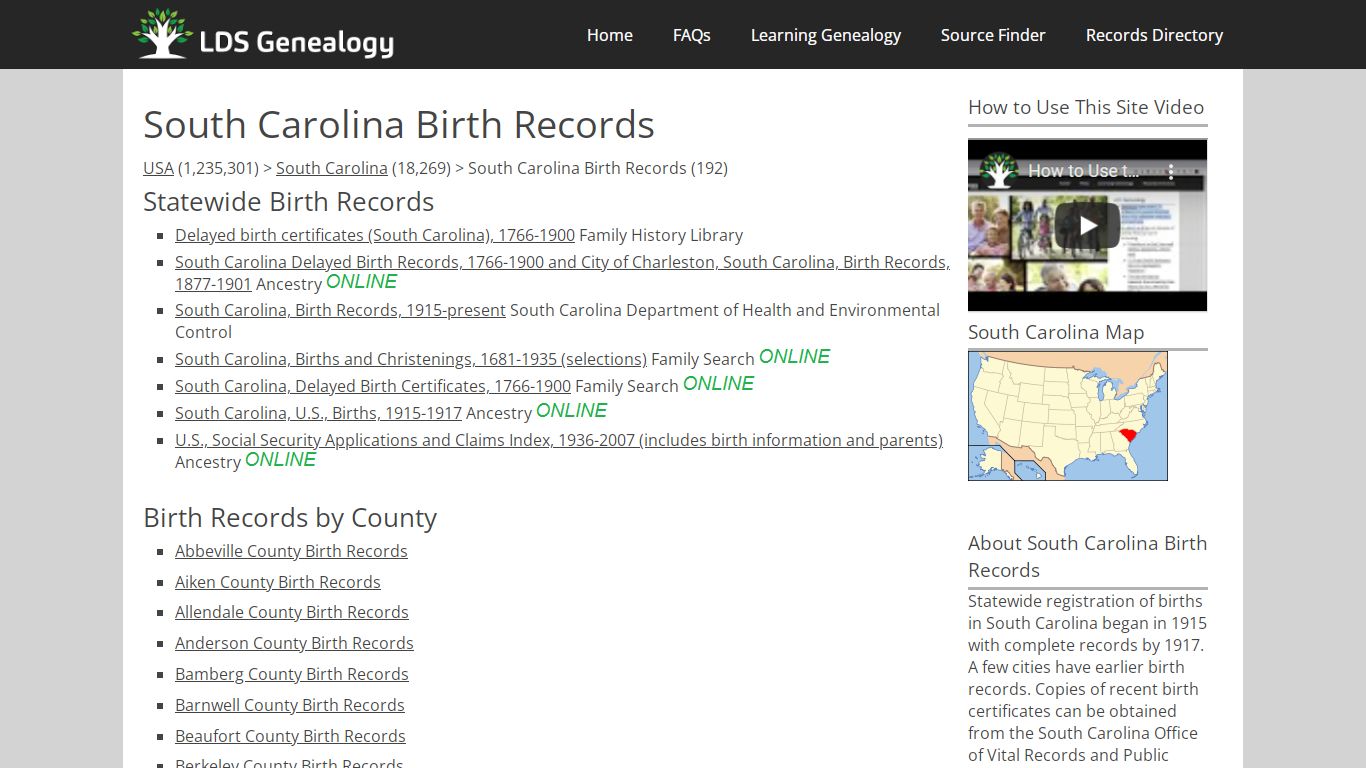 South Carolina Birth Records - LDS Genealogy